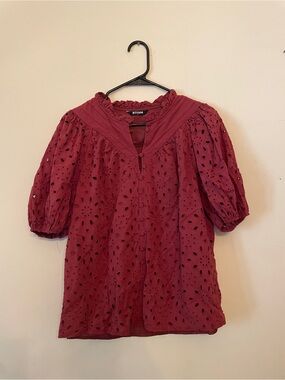 BTFBM Burgundy Eyelet Puff-Sleeve Blouse